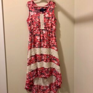 W Girl Kids Sleeveless Dress, Pink Floral and White Lace, High Low Hem, Size S